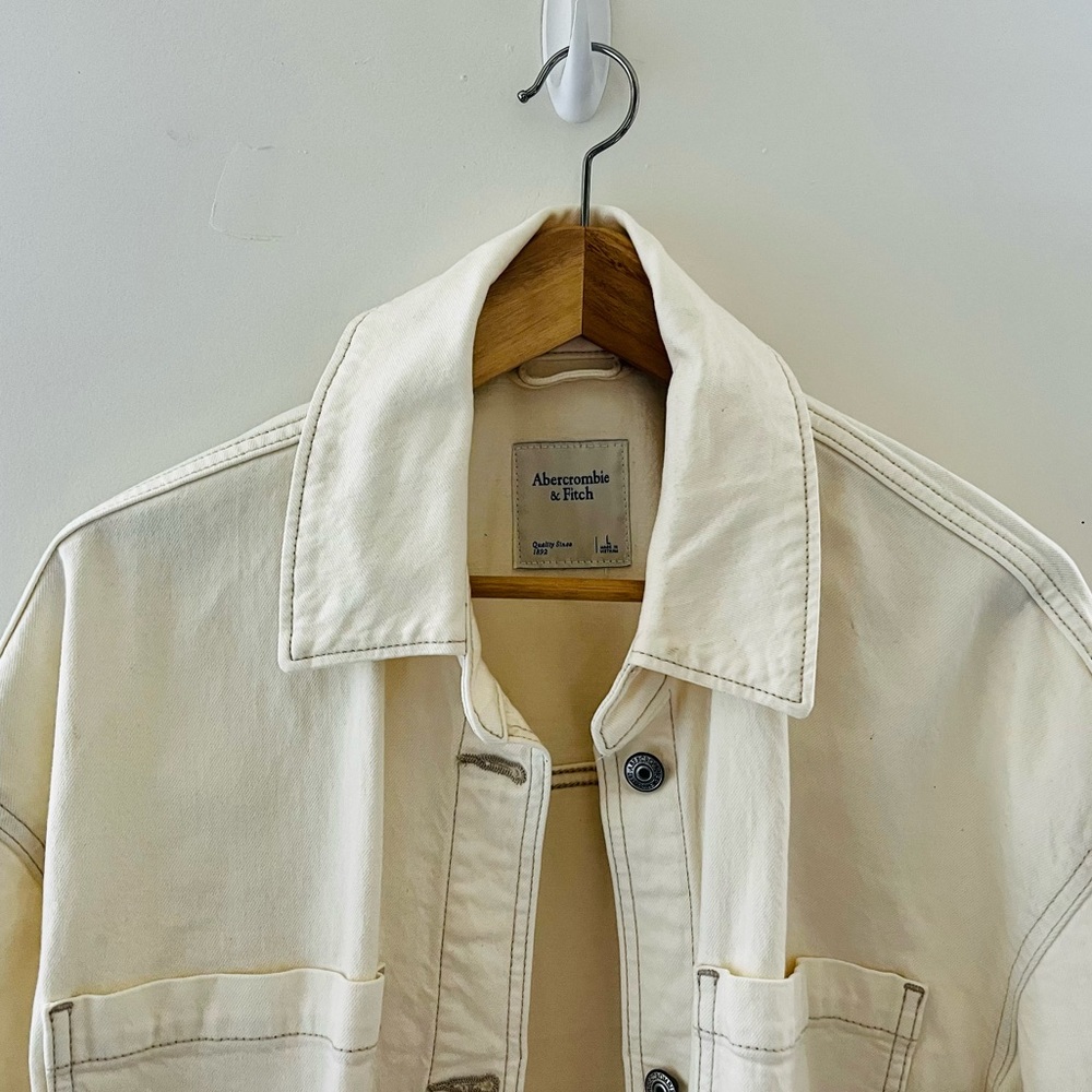 Abercrombie & Fitch Cream Denim Shacket Jacket with Contrast Stitching
